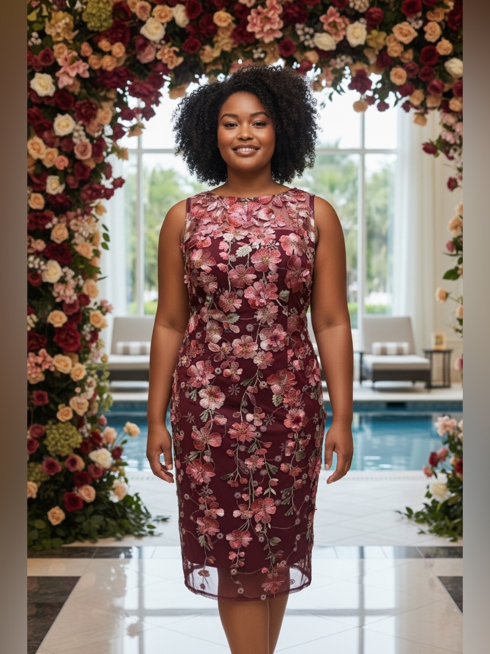 NWT Adrianna Papell Women's Sz 14 Embroidered Floral Midi Dress Plum Sequin 3D